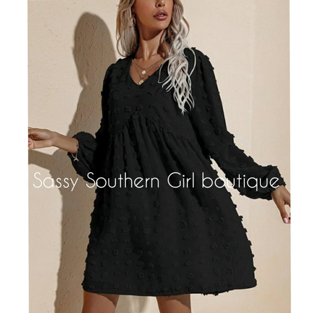 ⭐🆕 Boho black swiss dot babydoll dress